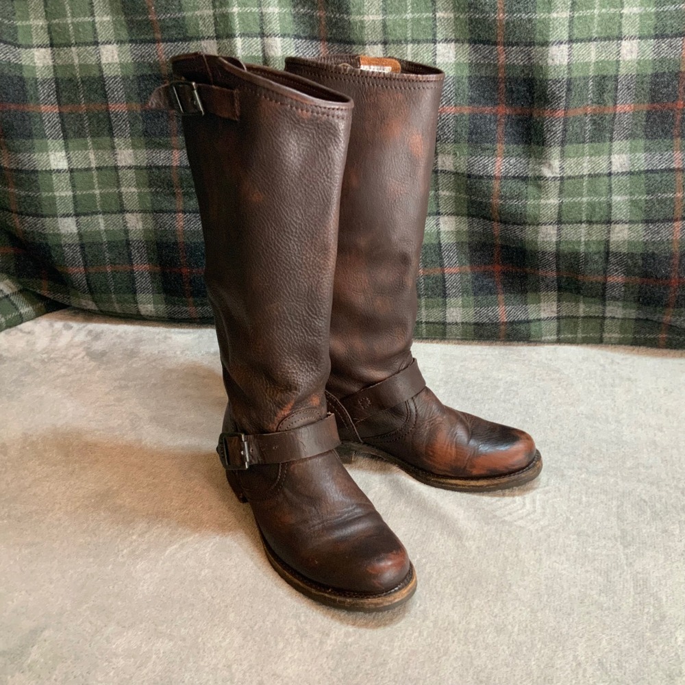 Frye Engineer 12R Dark Brown Distressed Leather Tall Moto Boots 77609 Womens 7.5